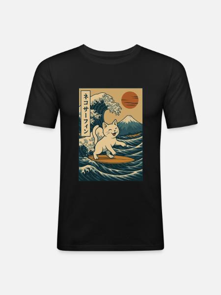 White Cat Surfing Wave Japanese Art Mount Fuji - Men's Slim Fit T-Shirt - black