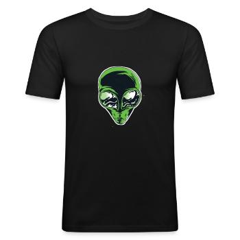 Alien Kopf mit großen Traurigen Augen in Grün - Männer Slim Fit T-Shirt - Schwarz - Vorne - Nik (191cm)