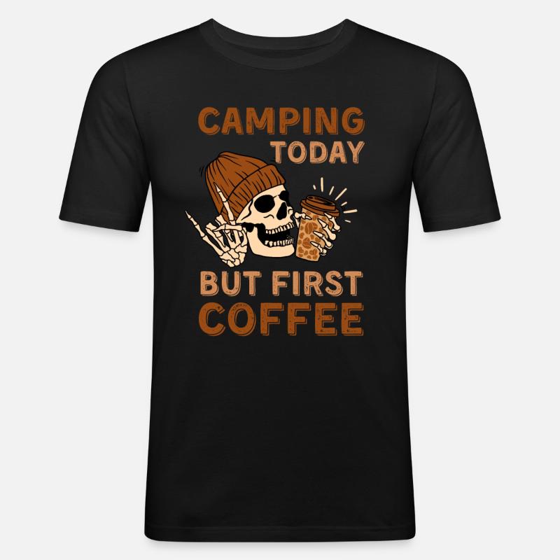 Kaffee Camping Skelett - Männer Slim Fit T-Shirt - Schwarz