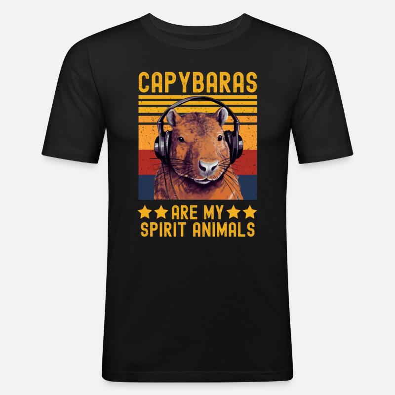 Capybara mit Kopfhörer retro - Männer Slim Fit T-Shirt - Schwarz