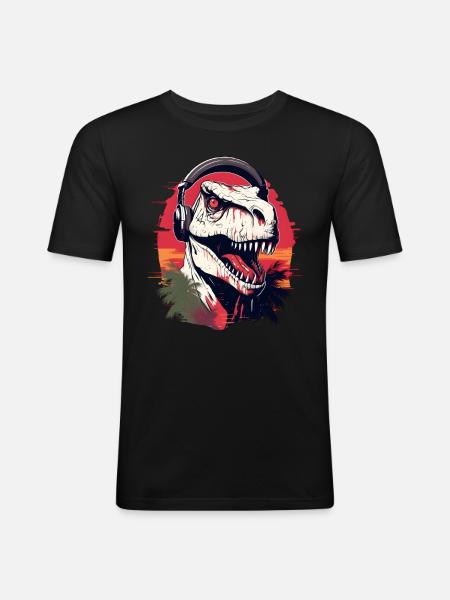 Dinosaurier mit Kopfhörer - Männer Slim Fit T-Shirt - Schwarz