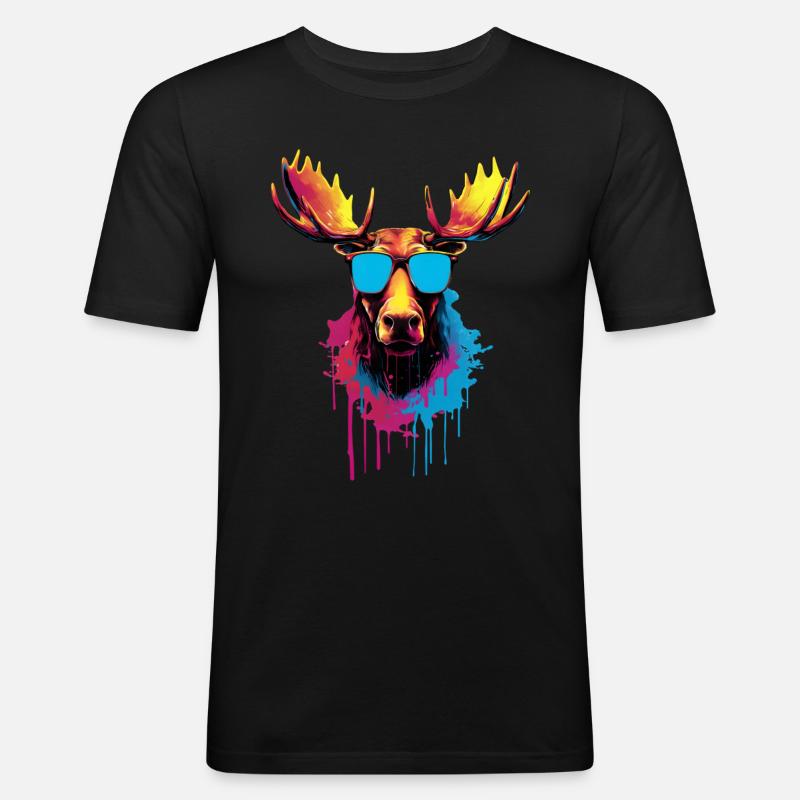 Bunter Elch mit Sonnenbrille - Männer Slim Fit T-Shirt - Schwarz