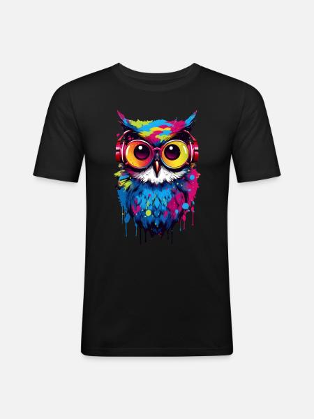Bunte Eule mit Kopfhörer - Männer Slim Fit T-Shirt - Schwarz