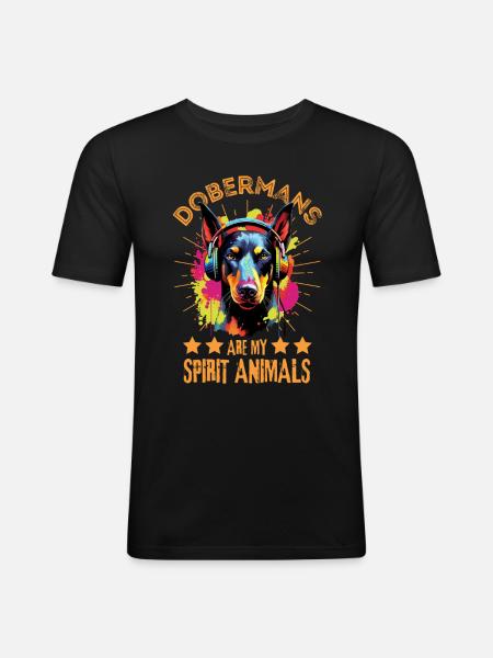 Bunter Dobermann mit Kopfhörer - Männer Slim Fit T-Shirt - Schwarz