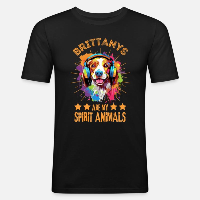 Bunter Brittany Hund mit Kopfhörer - Männer Slim Fit T-Shirt - Schwarz