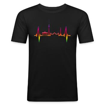 Berlin Herzschlag LGBT Berliner Regenbogen Queer - Männer Slim Fit T-Shirt - Schwarz - Vorne - Nik (191cm)