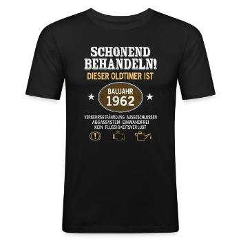 Schonend Behandeln Oldtimer Baujahr 1962 Geboren - Männer Slim Fit T-Shirt - Schwarz - Vorne - Nik (191cm)