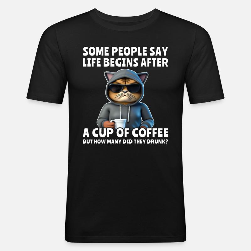 Kaffee Katze Kaffeetrinker - Männer Slim Fit T-Shirt - Schwarz