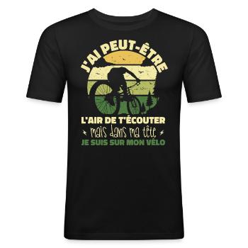 Cyclisme Dans Ma Tête Je suis sur Mon Vélo Humour - T-shirt près du corps Homme - noir - Devant - Nik (191cm)