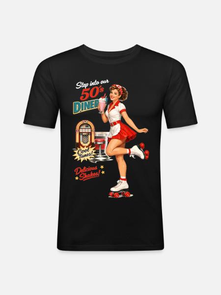 50s Diner Pin-Up on Roller Skates - Men's Slim Fit T-Shirt - black