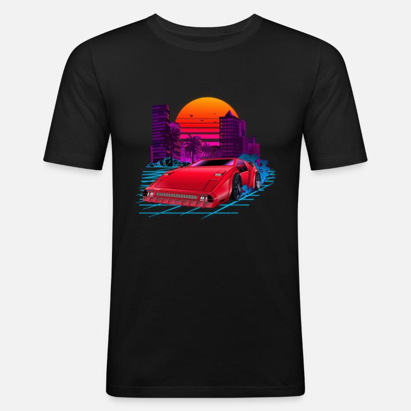 80s Synthwave Retro Car - Männer Slim Fit T-Shirt - Schwarz