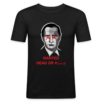 Poutine Wanted dead / Design avec lettrage - T-shirt près du corps Homme - noir - Devant - Nik (191cm)