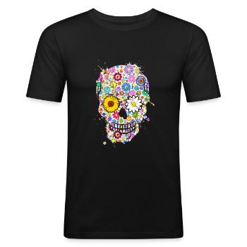 Totenkopf Skull Schädel Blumen Bunt - Männer Slim Fit T-Shirt - Schwarz - Vorne - Nik (191cm)