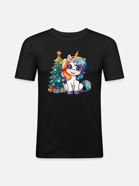 Einhorn Weihnachtsbaum Kawaii - Männer Slim Fit T-Shirt - Schwarz