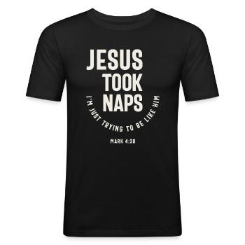 Nach dem Beispiel Jesu Markus 4:38 Zitat - Männer Slim Fit T-Shirt - Schwarz - Vorne - Nik (191cm)