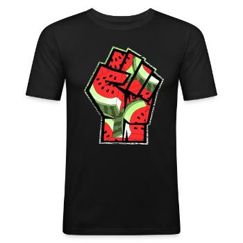 Poing de symbole patriotique de pastèque de Palestine libre - T-shirt près du corps Homme - noir - Devant - Nik (191cm)