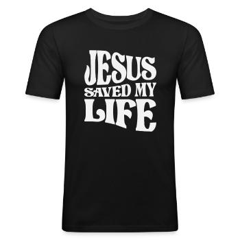 Jésus m’a sauvé la vie Citation chrétienne - T-shirt près du corps Homme - noir - Devant - Nik (191cm)