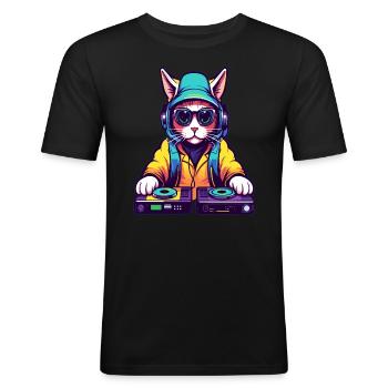 Cyberpunk Party Katt Techno Rave - Slim Fit T-shirt herr - svart - Fram - Nik (191cm)