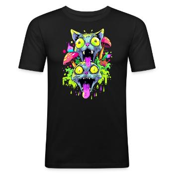 Psychedelic Party Cat EDM Festival Trippy - Männer Slim Fit T-Shirt - Schwarz - Vorne - Nik (191cm)