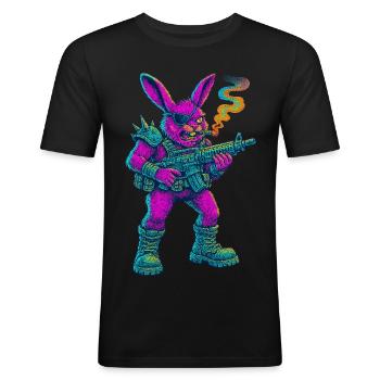 Neon Punk Bunny mit Zigarre und Gewehr - Männer Slim Fit T-Shirt - Schwarz - Vorne - Nik (191cm)