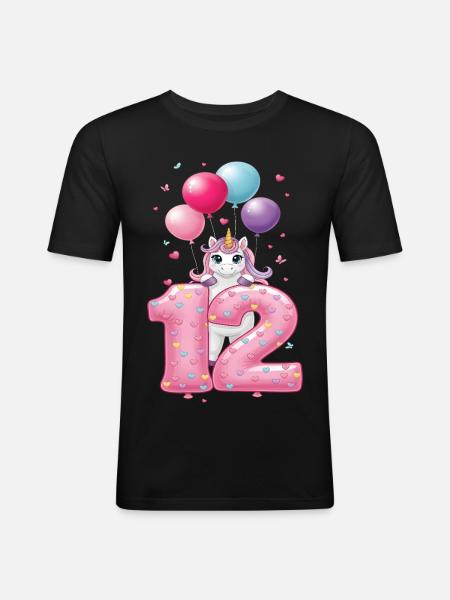 12 Years Girl Cute Unicorn 12th Birthday - Men's Slim Fit T-Shirt - black