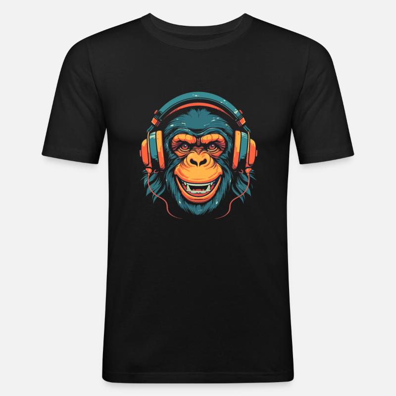 Schimpanse mit Kopfhörern - Männer Slim Fit T-Shirt - Schwarz