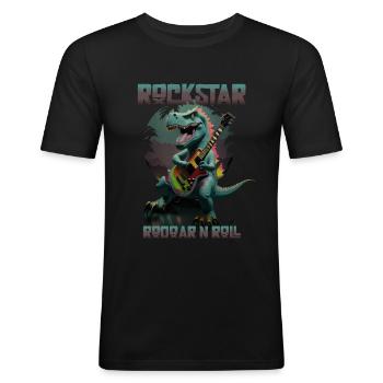 Dinosaure jouant de la guitare - T-Rex Dinosaur Lover - T-shirt près du corps Homme - noir - Devant - Nik (191cm)