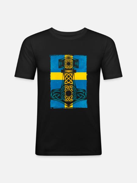 Sverige Svensk flag Thor Hammer Viking - Herre Slim Fit T-Shirt - sort