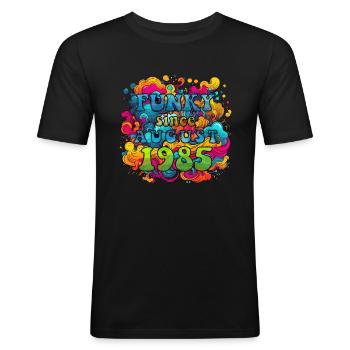 Funky Geburtstag: August 1985 - Psychadelic - Männer Slim Fit T-Shirt - Schwarz - Vorne - Nik (191cm)
