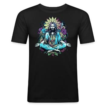 Jesus Christus Meditation Hippie Flower Power Yoga - Männer Slim Fit T-Shirt - Schwarz - Vorne - Nik (191cm)