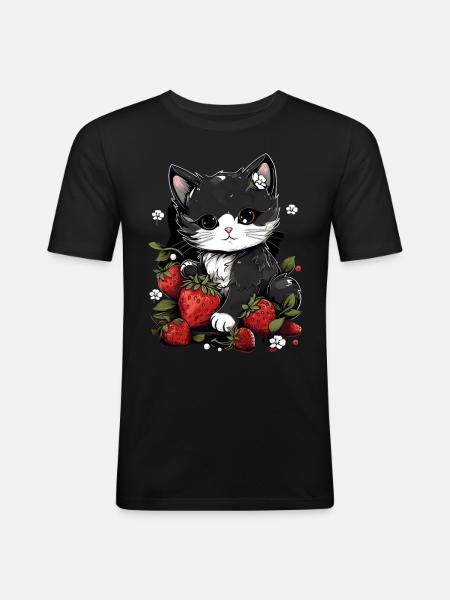 Katze Ragamuffin Erdbeere Geschenk - Männer Slim Fit T-Shirt - Schwarz
