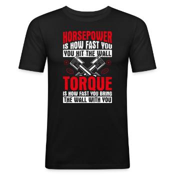 Die Pferdestärke ist die Geschwindigkeit, mit der - Männer Slim Fit T-Shirt - Schwarz - Vorne - Nik (191cm)
