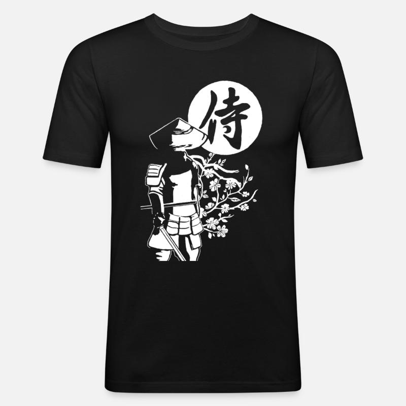 Weißer Samurai - Männer Slim Fit T-Shirt - Schwarz