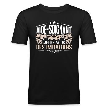 Aide Soignant le seul Aide Soignant le vrai Aide S - T-shirt près du corps Homme - noir - Devant - Nik (191cm)