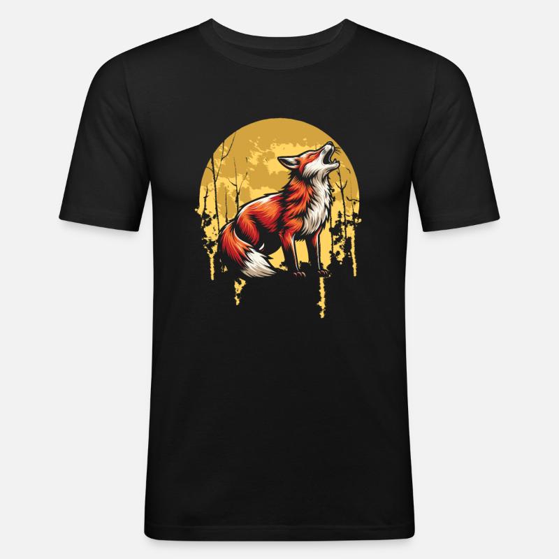 Fuchs Moon Howling - Männer Slim Fit T-Shirt - Schwarz