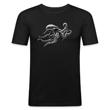 OCTOPUS PAINTING T-SHIRT, WEISS AUF SCHWARZEM OKTOPUS - Männer Slim Fit T-Shirt - Schwarz - Vorne - Nik (191cm)