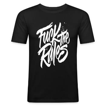 Fuck the rules - Männer Slim Fit T-Shirt - Schwarz - Vorne - Nik (191cm)