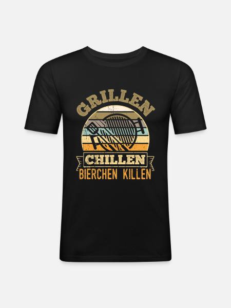 Grillen Chillen Bierchen Killen - Männer Slim Fit T-Shirt - Schwarz