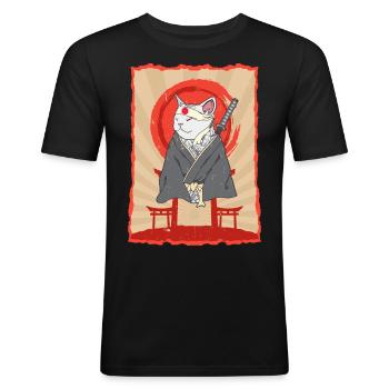 Samurai Japan Katze Torii Ninja Anime Katze - Männer Slim Fit T-Shirt - Schwarz - Vorne - Nik (191cm)