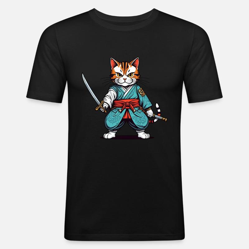 Samurai-Katze - Männer Slim Fit T-Shirt - Schwarz