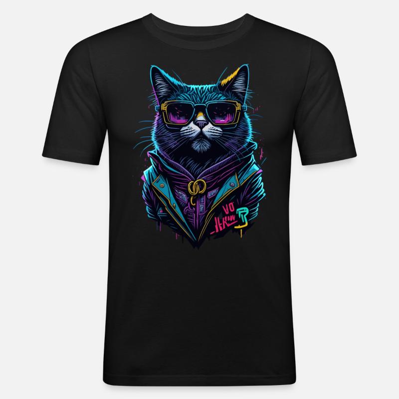 Cyber cool Cat - Männer Slim Fit T-Shirt - Schwarz