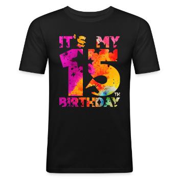 15TH BIRTHDAY UNICORN IT'S MY 15TH BIRTHDAY - Men's Slim Fit T-Shirt - black - Front - Nik (191cm)