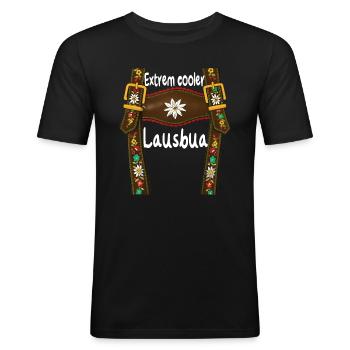 Lausbua Lausmadl Herren Lederhose Ersatz Lederhosn - Männer Slim Fit T-Shirt - Schwarz - Vorne - Nik (191cm)