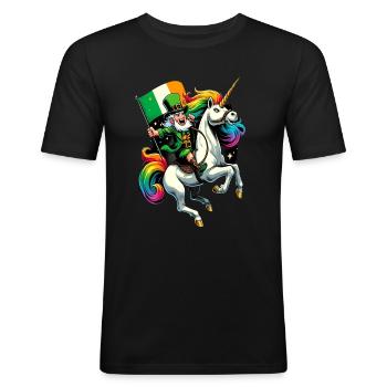Licorne chevauchant Leprechaun (Leprechaun irlandais) - T-shirt près du corps Homme - noir - Devant - Nik (191cm)