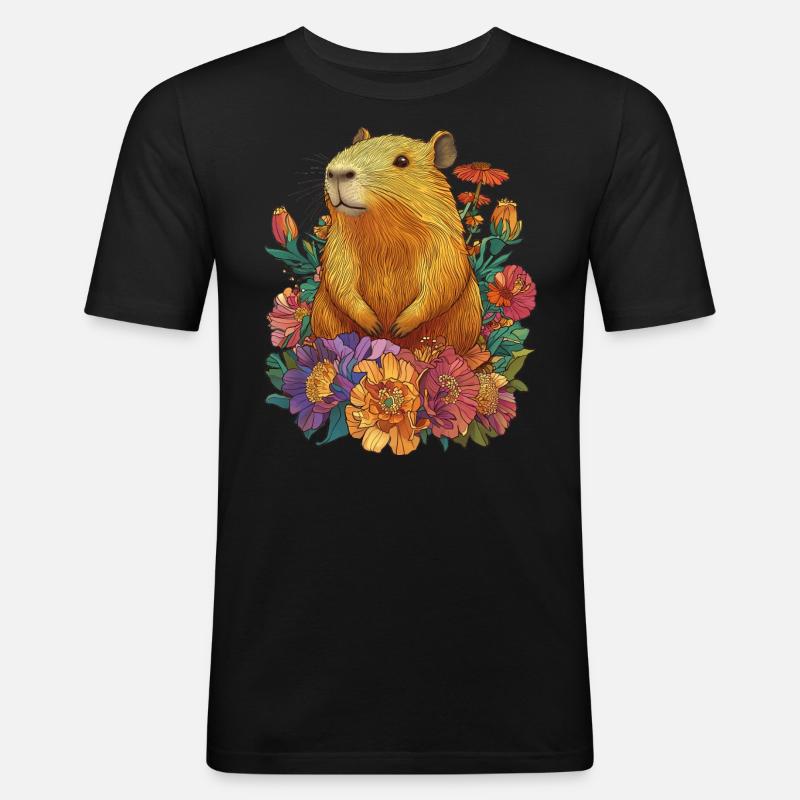 Capybara Blumen - Männer Slim Fit T-Shirt - Schwarz