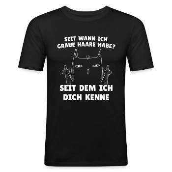 Katze zeigt Mittelfinger mit grauen Haaren - Männer Slim Fit T-Shirt - Schwarz - Vorne - Nik (191cm)