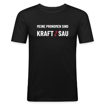 Meine Pronomen sind Kraft/Sau - Powerlifter, Gym - Männer Slim Fit T-Shirt - Schwarz - Vorne - Nik (191cm)