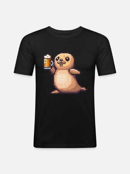 Robbe Tier Pixel Bier - Männer Slim Fit T-Shirt - Schwarz