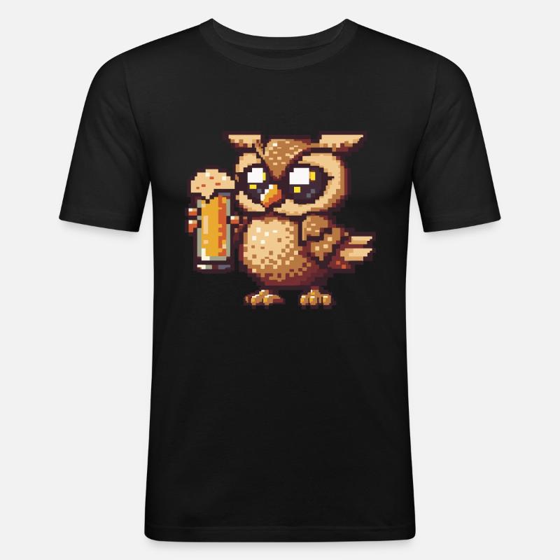 Eule Pixel Bier - Männer Slim Fit T-Shirt - Schwarz