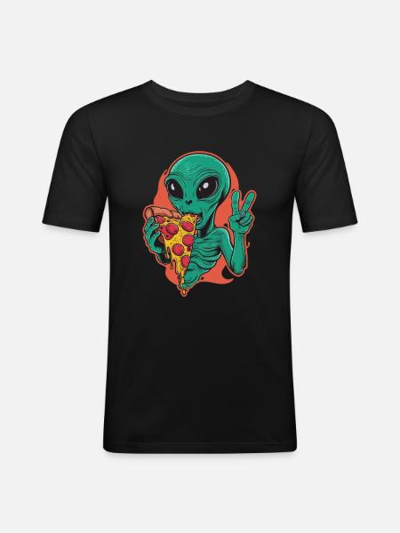 Alien enjoys delicious pizza - Men's Slim Fit T-Shirt - black
